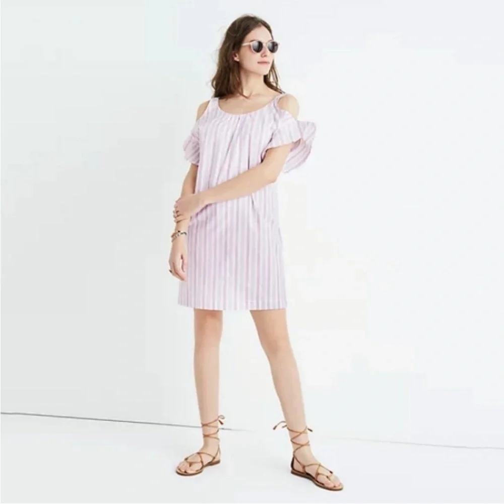 Madewell Lightweight Lined 100% Cotton White & Red Stripe Dress Cold Shoulder